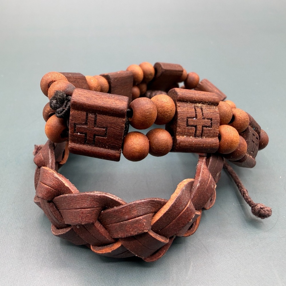 Set of 2 Brown Wooden Bead Braided Cord Cross Bracelets Boho Christian Gift Men - Picture 3 of 17